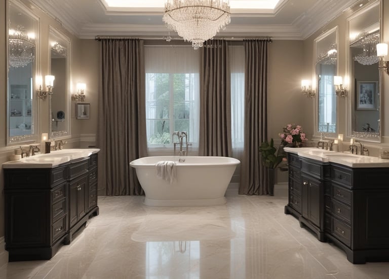 An interior space featuring a modern showroom with large ceramic tiles and bright lighting. The walls display brand signage and various tile samples. A sleek, minimalist desk is centered, surrounded by a clean and spacious environment.