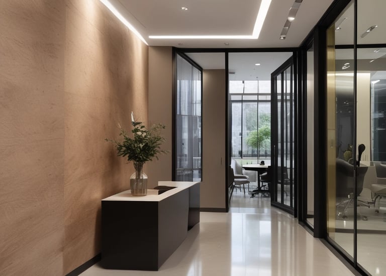 A minimalist interior design features a wooden table with a dark placemat, a glass vase holding green pine branches, a tall glass candle holder without a candle, and two modern overhead pendant lights. The background includes a dim, softly lit room with a blue curtain covering a window.