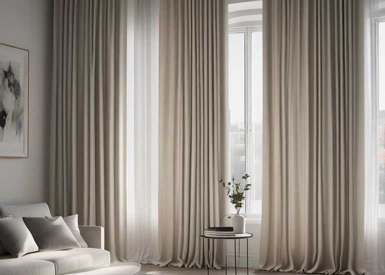 A set of floor-length curtains with a geometric pattern hangs in front of a window. The curtains are made of a semi-transparent fabric allowing diffused light to pass through, creating shadows on the floor.
