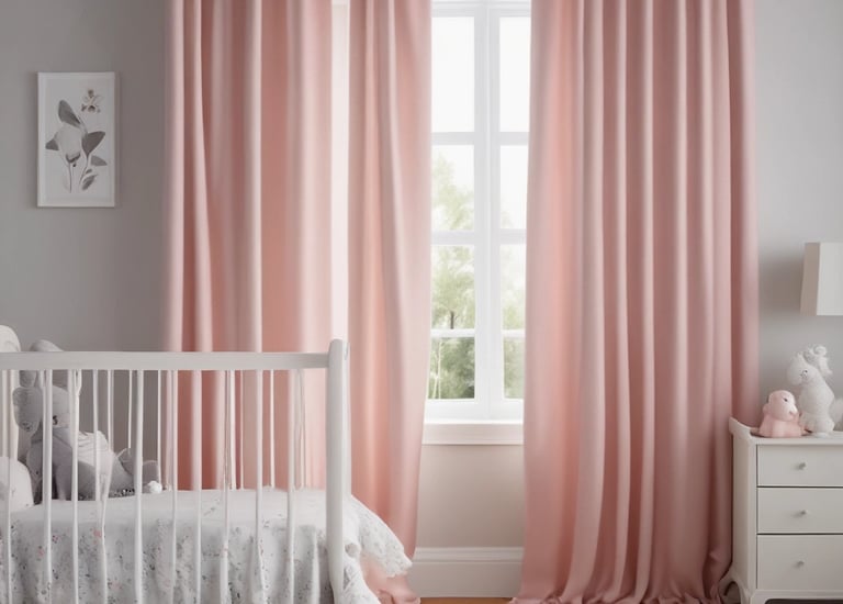 A vibrant, patterned curtain with red and white floral designs hangs on a window. The sunlight filters through the fabric, creating a warm glow. Behind the curtain, green potted plants rest on a windowsill, and a garden can be seen outside. A red velvet pillow and a dark-colored bedspread are visible in the lower part of the image.