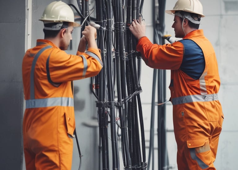Electrician installing wiring in a modern commercial building.