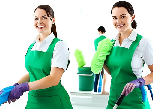 two women in green aprons and gloves holding a cleaning brush