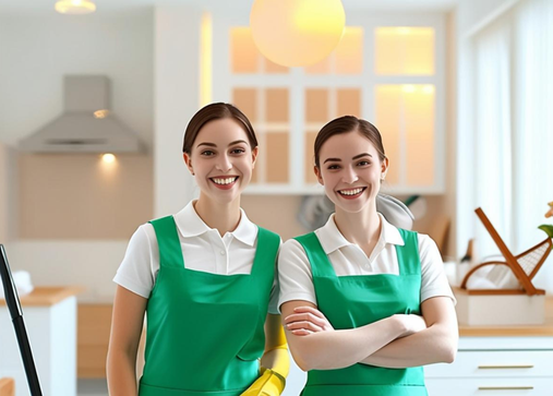 two women in green aprons and green aprons
