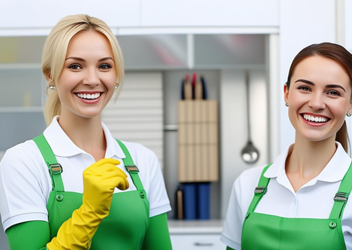 two women in green aprons and yellow gloves