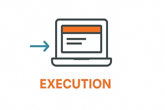 a laptop computer with an arrow pointing to the word execution
