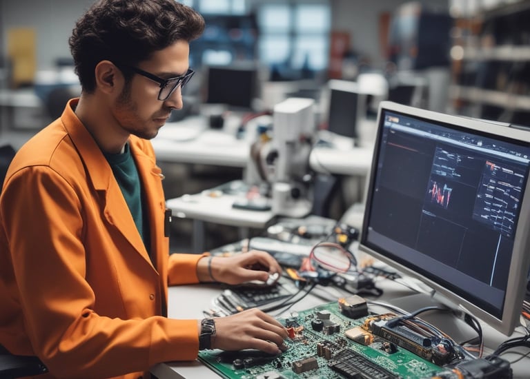 Hands are manipulating a small mechanical assembly, which includes metal and plastic components. The setup seems to involve green gears and metallic rods, indicative of a robotics or engineering-related activity.