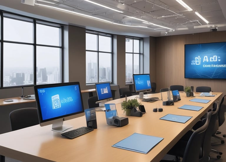 A conference room setting with several laptops on a large table, each being used by a person.