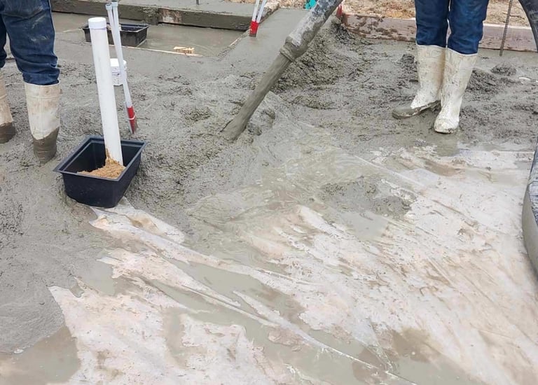 Two workers in white boots pumping concrete for slab.