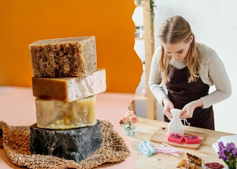 a woman in a apron is cutting a cake