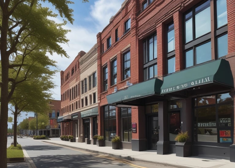A street scene featuring a building with the sign 'TRIPLE A TRADING INC' prominently displayed. Additional signs offer services such as buying and selling gold, silver, guns, jewelry, and providing cash loans. The storefront has large windows and there's a brick sidewalk in the foreground leading to a quiet street. Few trees are visible around the area.