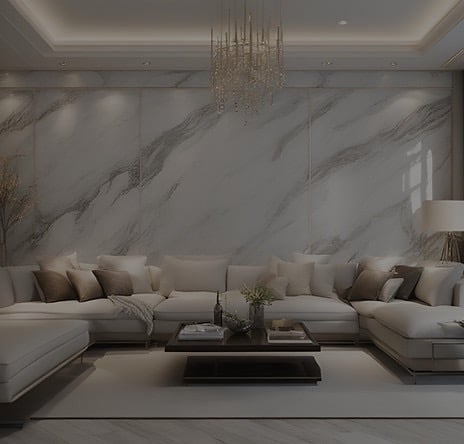 Luxury modern living room with a large white sectional sofa, marble wall paneling, and a crystal chandelier.