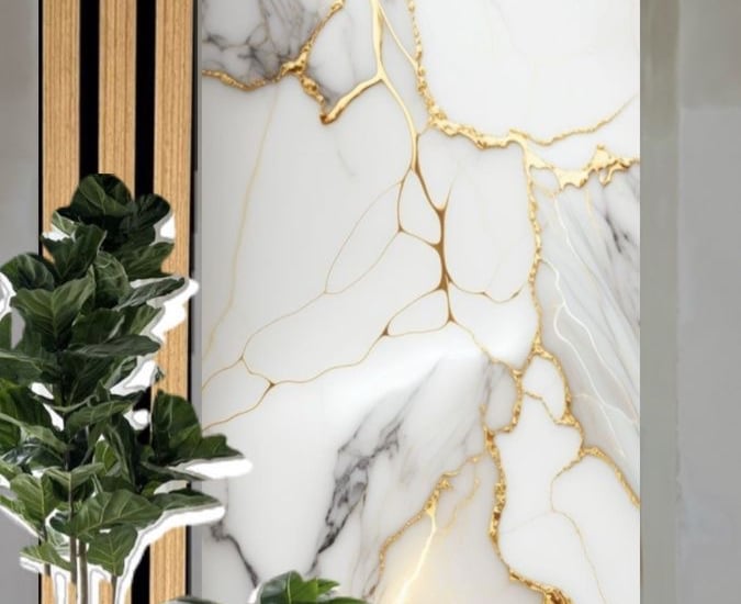 Modern interior design featuring white marble wall art with gold veins and indoor potted plants.