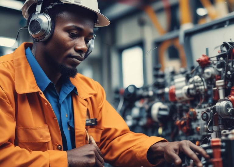 An industrial power substation with a complex network of transformers and electrical components interconnected by various wires and metal structures. The scene is composed of metal towers, insulators, and other electrical equipment situated on a gravel-covered ground, with some greenery visible in the background.