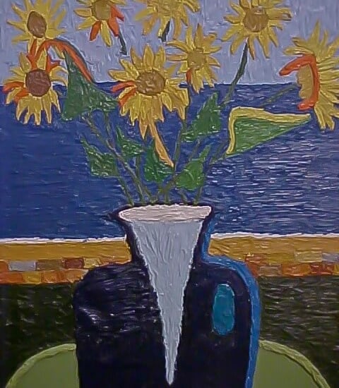 Sunflowers in Vase at the Beach painting by Yous at Overland studio