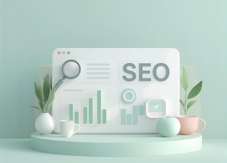 Abstract 3D SEO dashboard illustration with analytics icons and soft pastels.