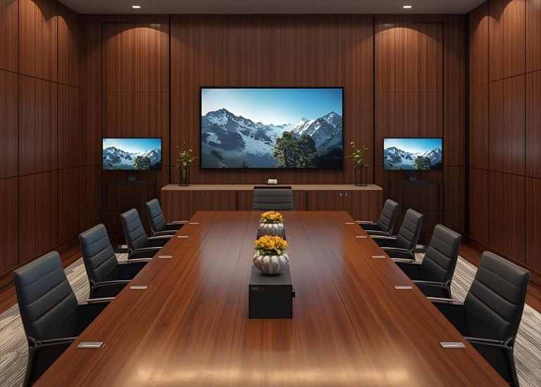 Professional conference room setup with multiple monitors and presentation screens.
