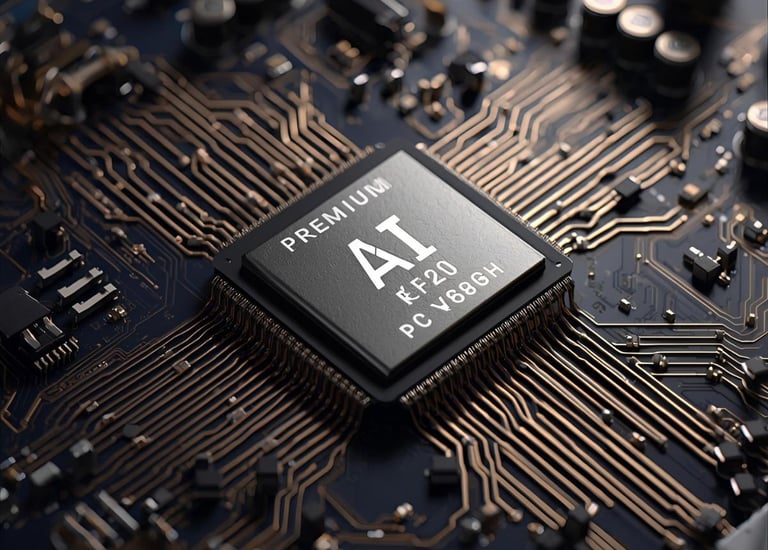 Close-up macro of a premium microchip and circuit board suggesting AI processing.