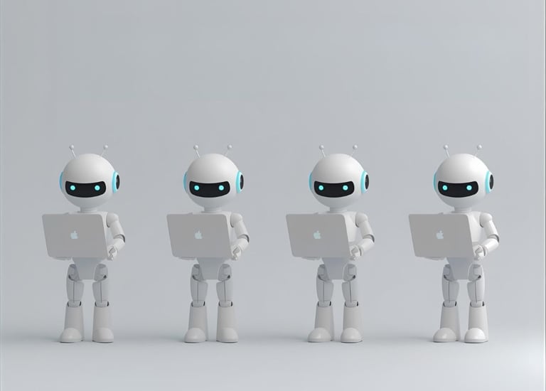 Row of small white robot figures working on laptops in a minimal studio.