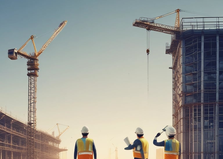 A construction site with cranes and workers in action.
