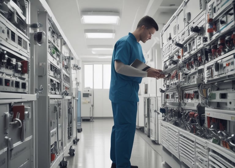 A technician inspecting medical equipment in a clean environment.