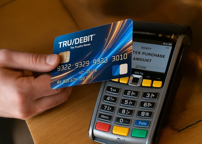 a person swiping a TRUDEBIT card through a credit card machine