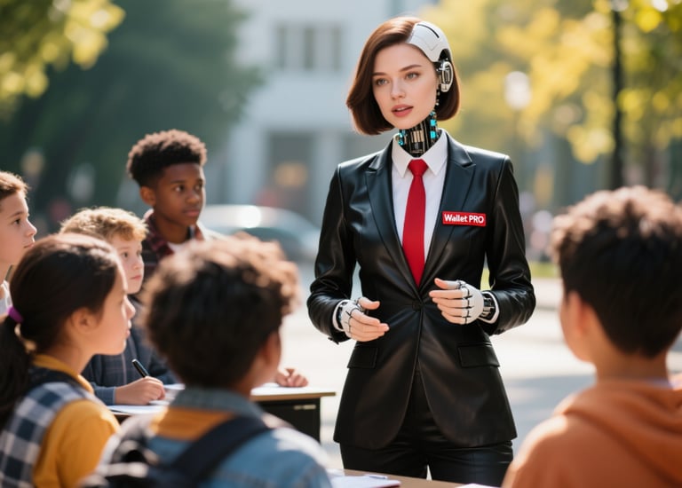 a female teacher teaching financial literacy to young students outside