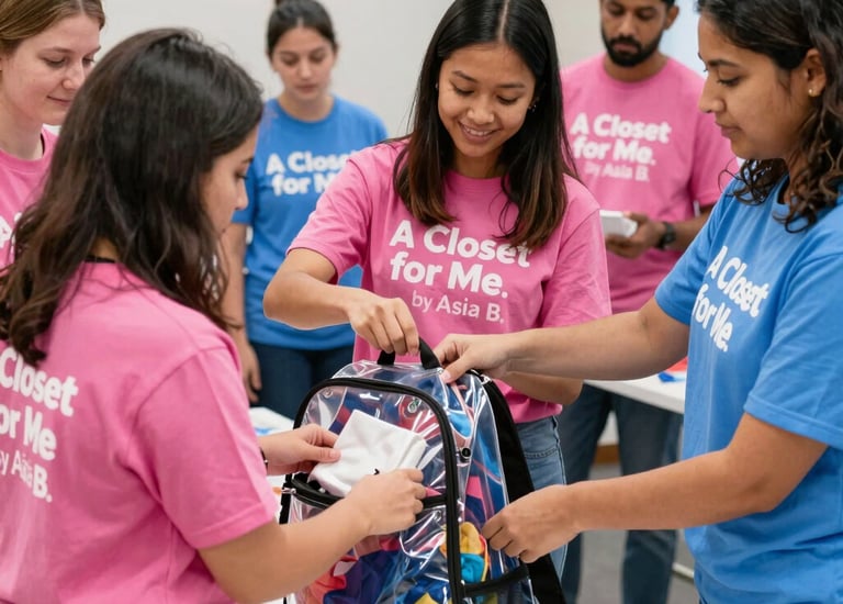 Several people are standing under a canopy at an outdoor event, appearing to engage in conversation. A table in front of them is filled with various packaged goods, including hygiene products like toothpaste and toothbrushes. The background shows a fenced area with grass and a building.
