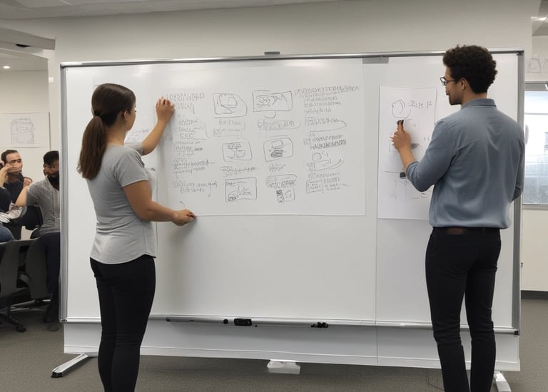 A woman wearing denim overalls stands in front of a whiteboard and writes with an orange marker. The whiteboard has writing that explains how to set up a 'Social Wall,' with steps numbered one to three.