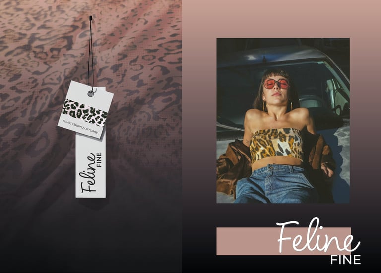 Feline Fine branded clothing tag featuring minimalist design and modern typography.