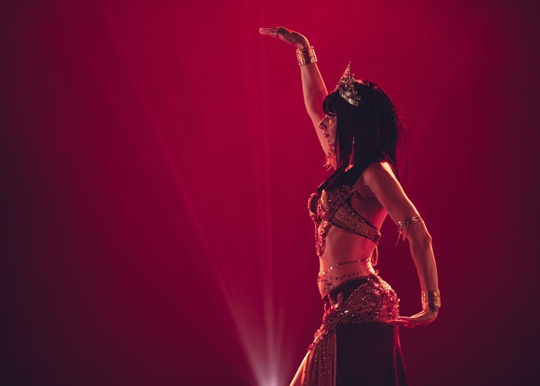 une danseuse orientale en train de danser sur un fond rouge avec des lumières