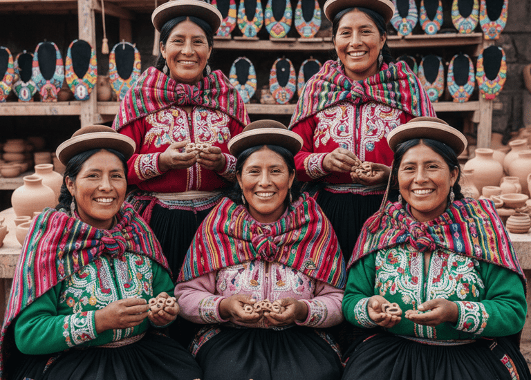 Mujeres Peruanas mostrando las joyas de cerámica hechas a mano