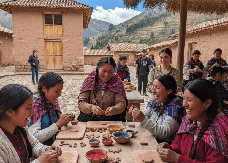Grupo de extranjero aprendiendo a hacer joyería con cerámica en frio en la comunidad de huaran - cusco