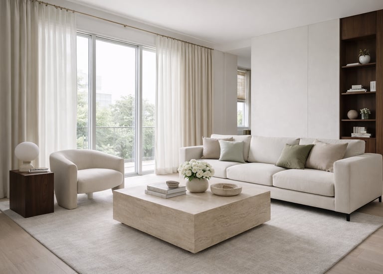 High-end modern living space with floor-to-ceiling curtains, neutral tones, and natural light