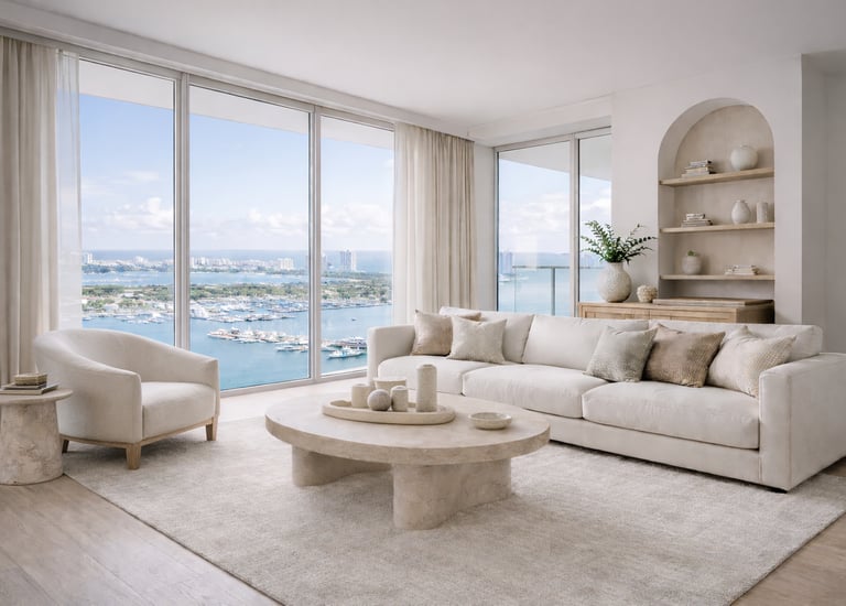 Luxury Miami penthouse living room featuring custom window treatments and harbor views.