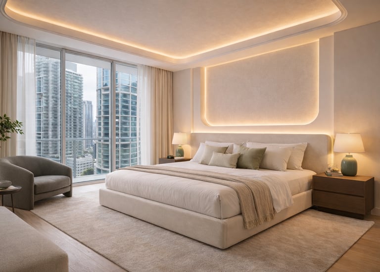 Luxury Brickell Miami bedroom featuring custom window treatments and architectural LED design