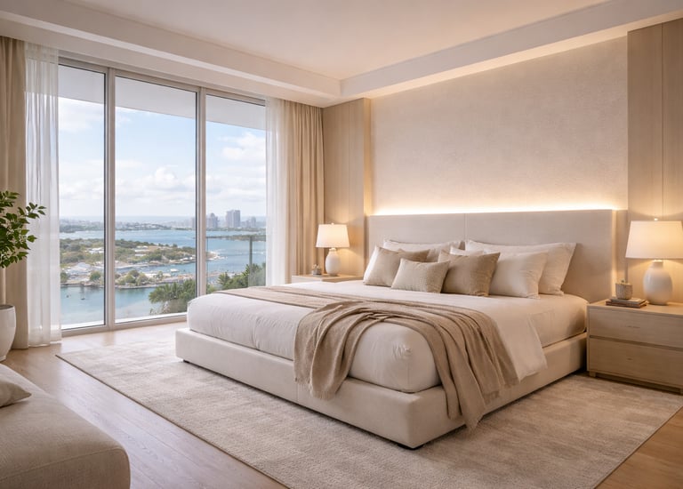 Luxury Miami penthouse bedroom featuring custom curtains, LED lighting, and ocean views