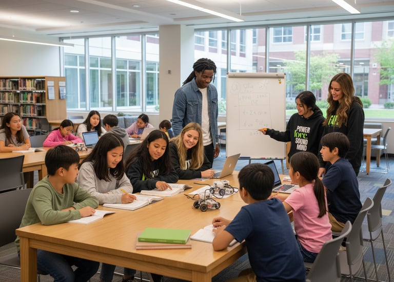 a group of students in a classroom with a teacher