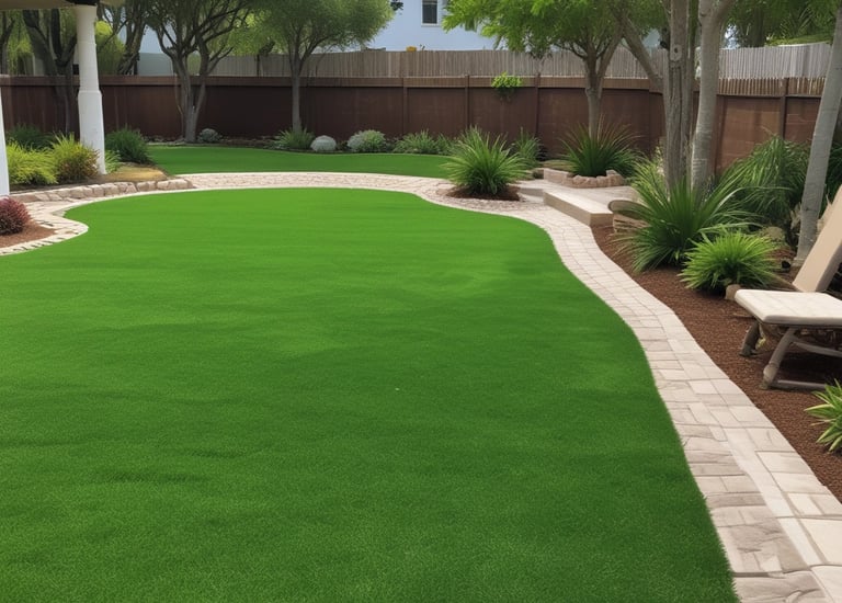 A landscape featuring a neatly trimmed lawn with rows of young trees and a dense forest in the background. In the foreground, there are large, green leaves with a single blooming pink flower. A golf course flag is visible in the distance among the trees.