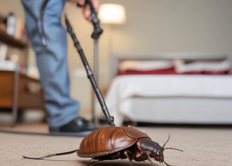 A sunlit patio with terracotta tiles is adorned with cleaning equipment, including a wet and dry vacuum, containers of cleaning solutions, and a pressure washer. A portion of a white car is visible near a hedge-lined driveway, while lush green vegetation and a manicured lawn provide a backdrop.
