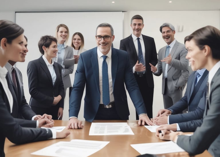 Four men in business attire are engaged in a discussion around a table. One man appears to be explaining something while pointing at some documents in front of them. The others are listening attentively, and one holds a pen and a mobile device. The setting is a plain office environment.