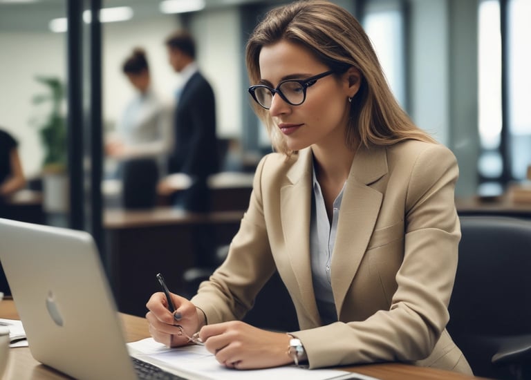 A professional consultation setting with a medical professional sitting at a desk facing a client. The room has a modern aesthetic with white walls decorated with framed certificates. The desk is organized with office supplies, a laptop, and a fruit bowl in the center.