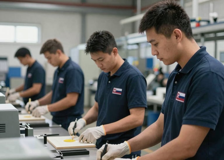 A long, tiled hallway with a large sign on the left reading 'SOCIAL INNOVATION,' leading towards a bright, glass doorway at the end. A person is standing near the doorway, interacting with something on the wall.