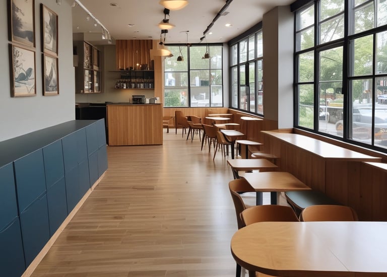 A modern kitchen with sleek wooden cabinetry and stainless steel appliances. The room features a center island with stools, a hanging light fixture, and ample natural light from large windows. Shelving displays various food and beverage items.