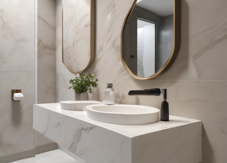 A modern kitchen with sleek wooden cabinetry and stainless steel appliances. The room features a center island with stools, a hanging light fixture, and ample natural light from large windows. Shelving displays various food and beverage items.