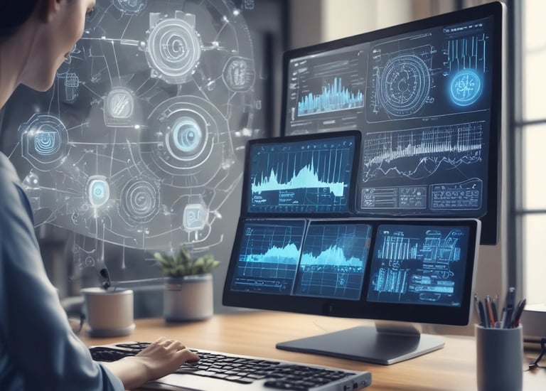 A smartphone is mounted on a stand, displaying a website with colorful graphics and the text 'Transforming Ideas into Reality'. Beside it, a laptop screen shows a blurred version of the same website. The background is soft and out of focus, with green foliage adding a hint of nature.