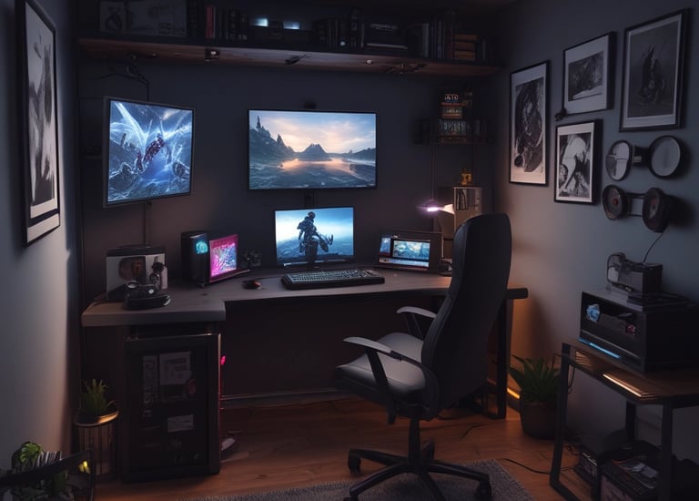 a desk with a computer monitor and a chair