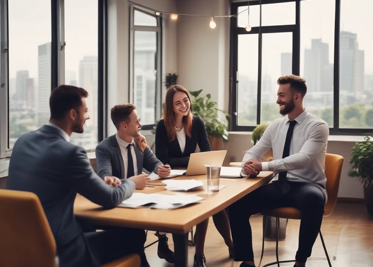 A business meeting with stakeholders discussing sponsorship opportunities.