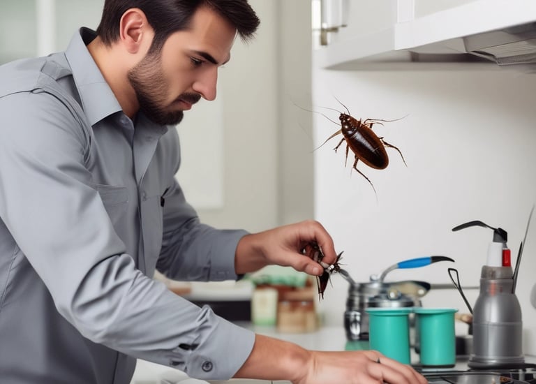 A close-up view of an insect with a black and yellow striped body. Its antennae are thin and curved, and it is standing on a textured wooden surface.