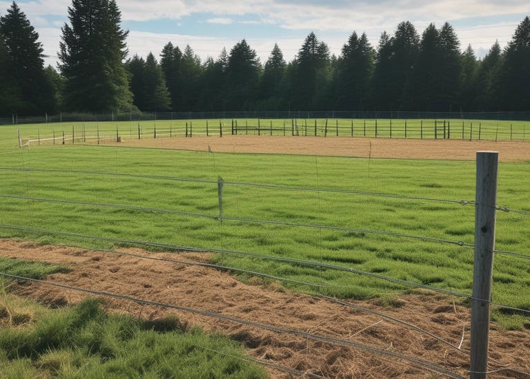 A person in a white shirt and hat is using a scythe to cut tall grass in a field. The landscape includes lush greenery and trees in the background under a clear blue sky.