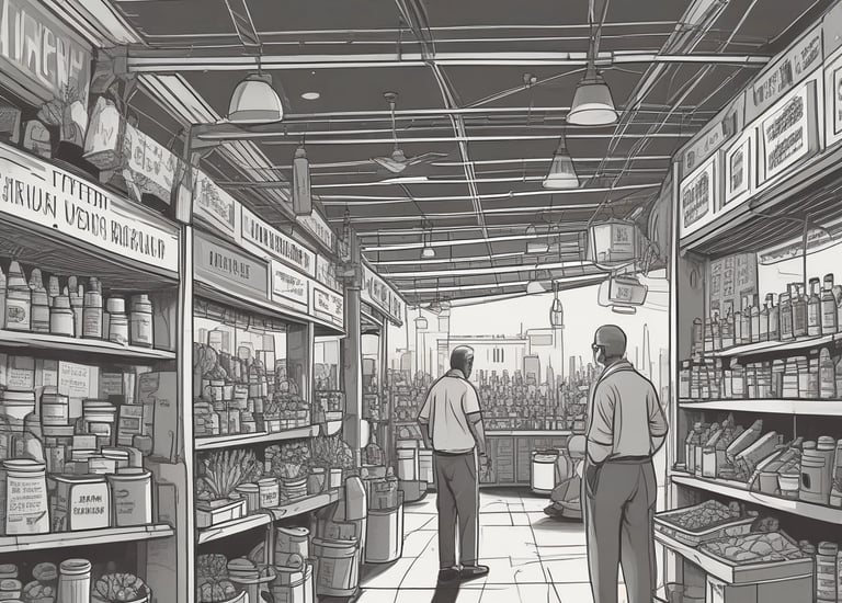 A bustling indoor market scene with many people engaged in buying and selling activities. There are stacks of packaged goods and containers around, and vendors are interacting with customers. The structure suggests a large warehouse with numbered sections on the pillars.